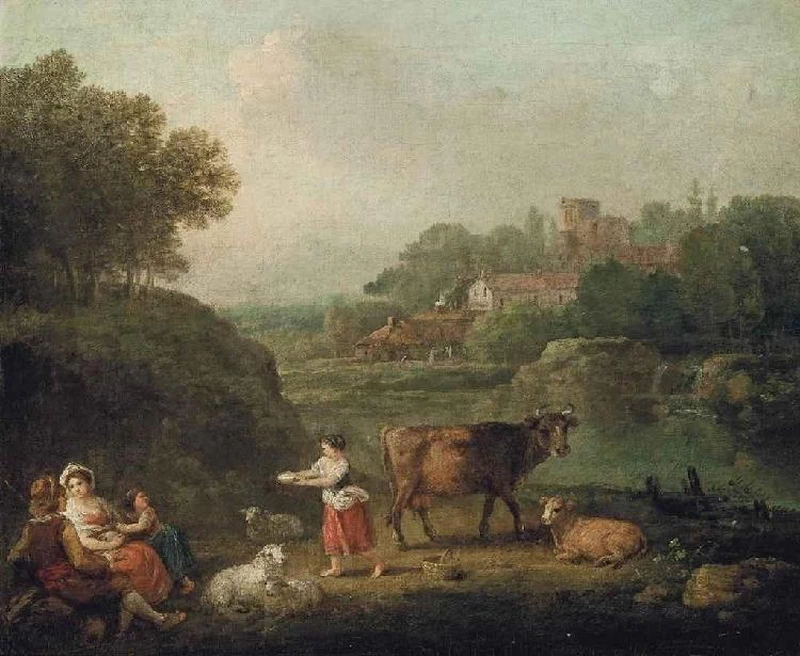 Un paesaggio fluviale con figure che riposano in primo piano con i loro bovini e ovini